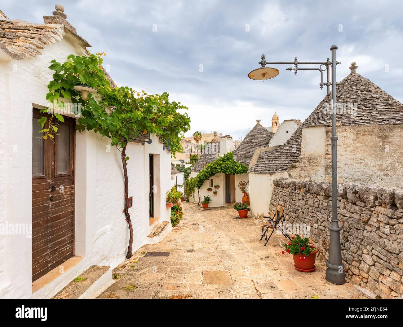 Stone`s  street of Alberobello village. Trulli buildings and grapevine, Pulia, Italy Stock Photo